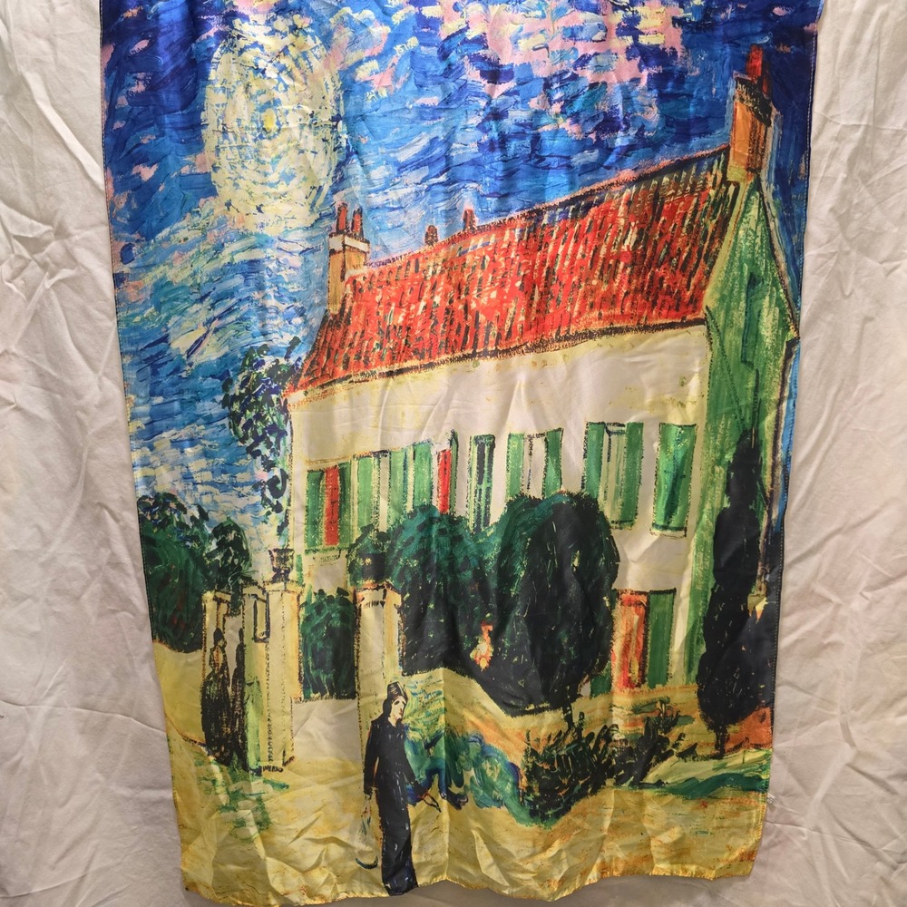 Van Gogh White House At Night Art Style Scarf Silk Blend Blue Red Green